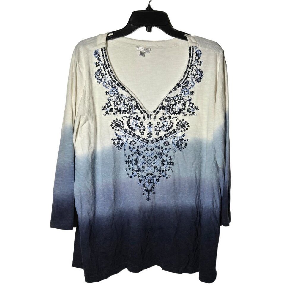 VIP Knits by Avenue Womens Blue Ombré Embroidered V-Neck Tunic Top Plus 18/20